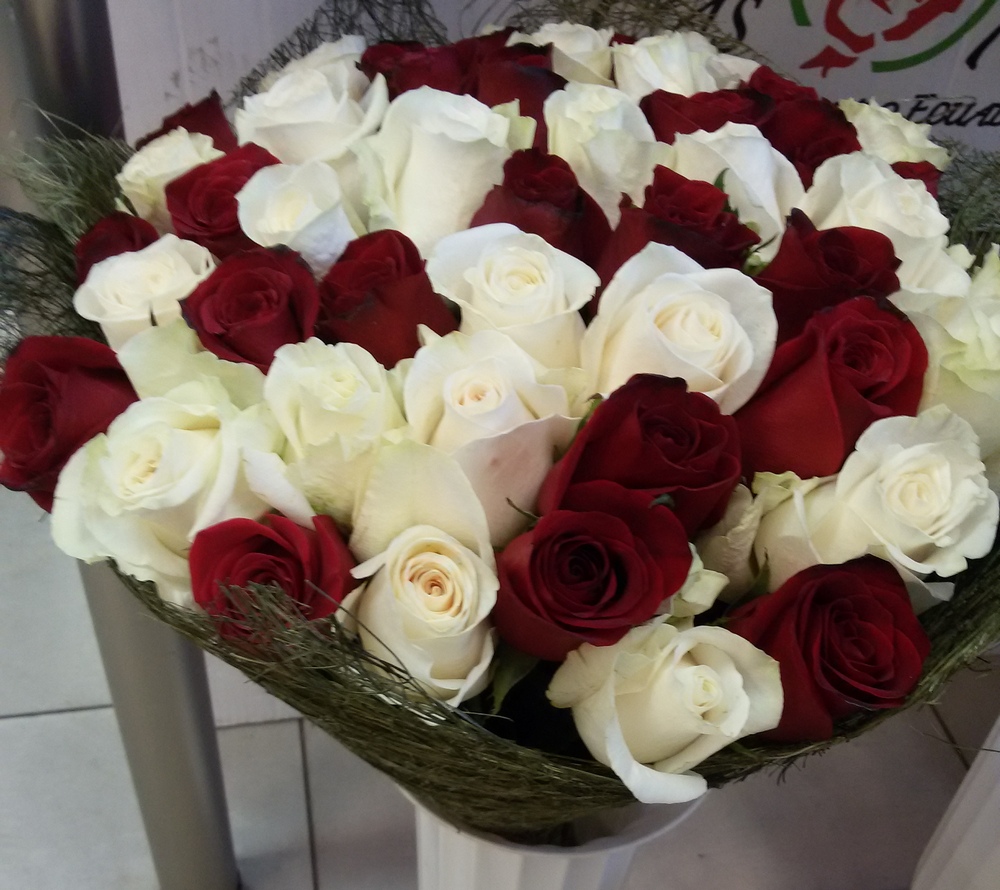 51 белая и красная роза в миксе, высотой 60см
